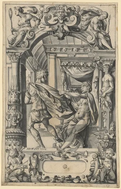 Scheibenriss mit Josefs Flucht vor Potiphars Weib, in den Oberbildern Fides und Prudentia by Ганс Бок старший, 1573 —…