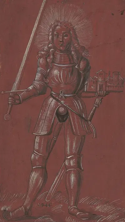Ritterlicher Heiliger, in der rechten Hand ein Schwert und in der Linken ein Kirchenmodell haltend by Ганс Хуг Клюбер, 1546…
