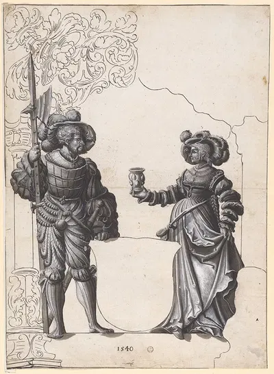 Scheibenriss mit Frau, die einem Hellebardier den Willkommtrunk reicht, und leerem Wappenschild by Hans Rudolf Manuel, 1540…