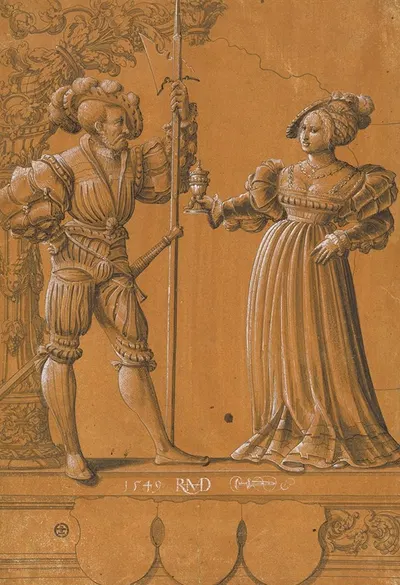 Scheibenriss mit Frau, die einem Landsknecht den Willkommtrunk reicht by Hans Rudolf Manuel, 1549 — digital art print…