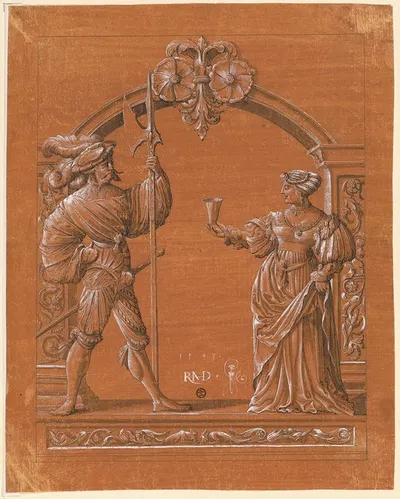 Scheibenriss mit Frau, die einem Landsknecht den Willkommtrunk reicht by Hans Rudolf Manuel, 1543 — digital art print…