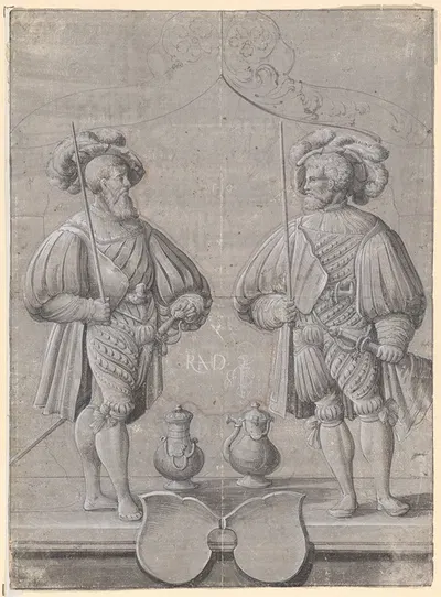 Scheibenriss mit zwei Reisläufern, darunter zwei leere Wappenschilde by Hans Rudolf Manuel, 1540 — digital art print download