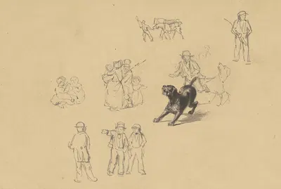 Barking Dog and Studies for 'Militia Training' by James Goodwyn Clonney, c. 1841 — digital art print download