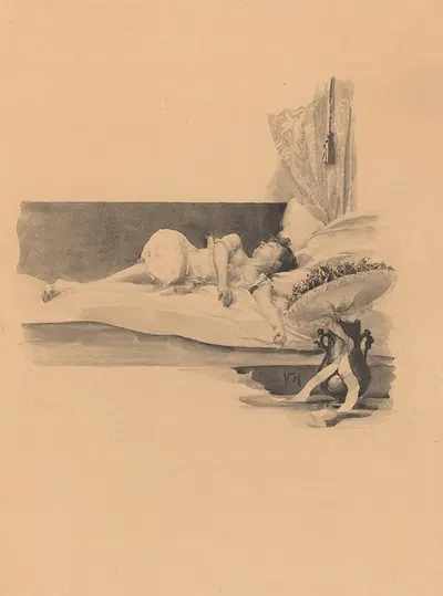 Illustration for 'Jestrab Kontra Hrdlicka XXII' (Girl asleep on a bed) by Karel Vitezslav Masek, c. 1890 — digital art…