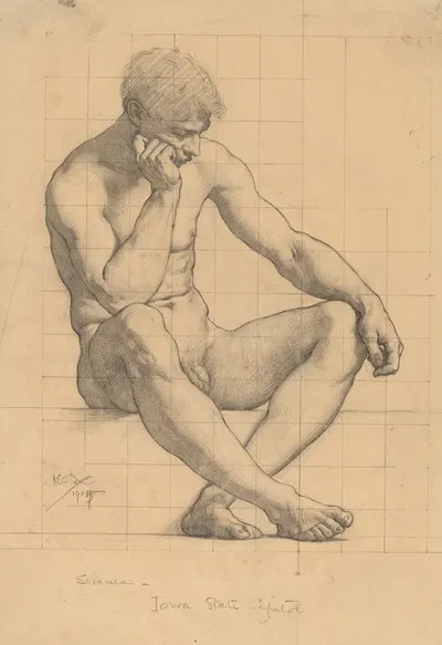 Seated Male Nude – Study for 'Science' – Iowa State Capitol by Кеньон Кокс, 1905 — digital art print download