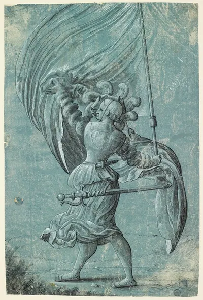 Kriegerisch ausgerüstetes Mädchen als Fahnenträgerin by Niklaus Manuel, 1518 — digital art print download