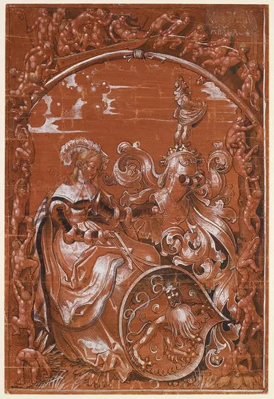 Scheibenriss mit sitzender Schildhalterin und Löwenwappen by Niklaus Manuel, 1515 — digital art print download