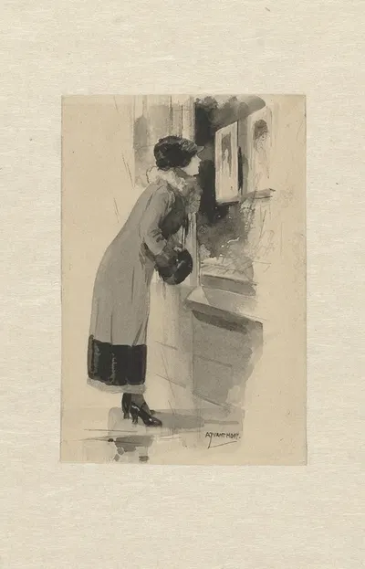 Vrouw voor een etalage met prenten en boeken by Adriaan J. van 't Hoff, 1944 — digital art print download