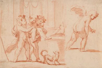 Two Putti Carrying a Third Putto; Another Putto from the Rear by Giulio Carpioni — digital art print download