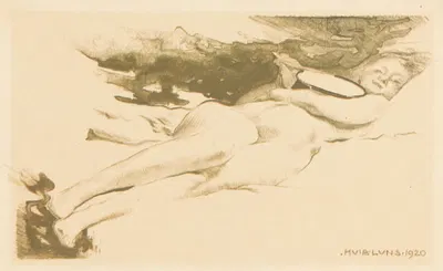 Liggende naakte vrouw met spiegel by Хуйб Лунс — digital art print download