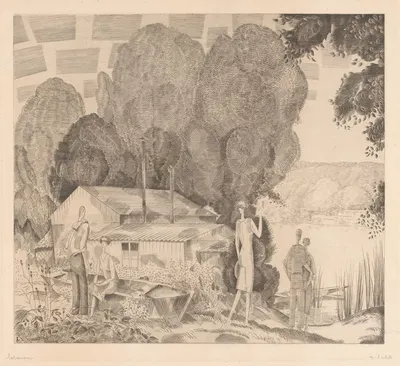 Figuren bij een huis aan het water by Jean-Émile Laboureur — digital art print download