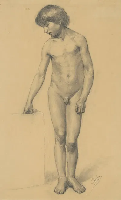A study of a boy's nude resting on a pedestal by Йозеф Ханула — digital art print download