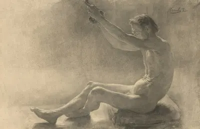 Study of a sitting male nude with arms raised by Йозеф Ханула — digital art print download