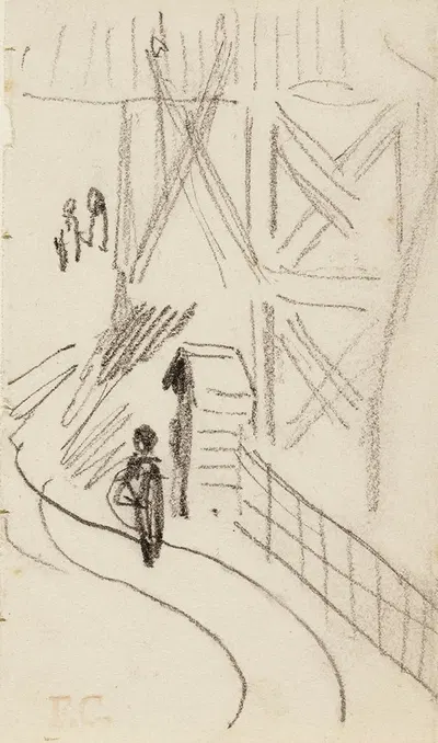 Guérite au bord d'une rue devant une tour avec un personnage en faction by Фернан Кормон — digital art print download
