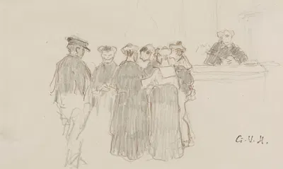 Groupe de six personnes et une personne derrière un comptoir by Жорж Юго — digital art print download