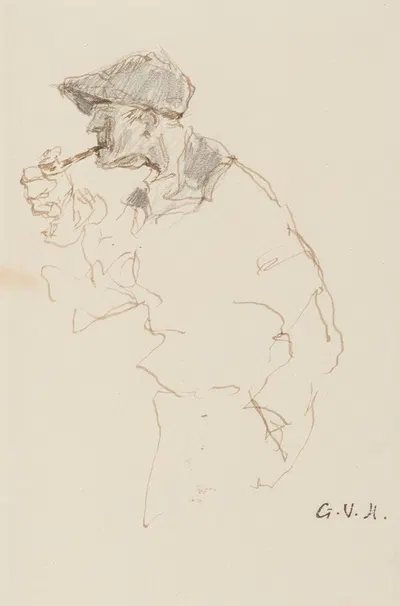 Homme fumant la pipe, coiffé d'une casquette by Жорж Юго — digital art print download