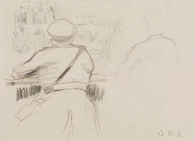 Militaire appuyé à un parapet vu de dos (à droite croquis d'un militaire de dos) by Жорж Юго, 1917 — digital art print…