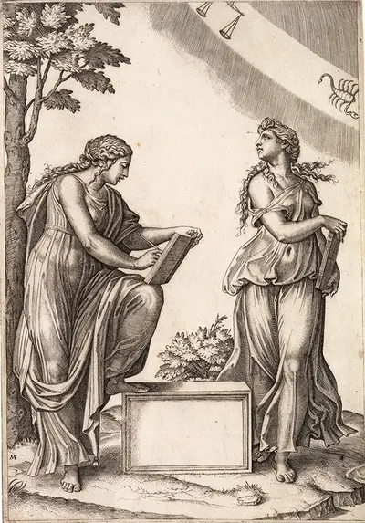 Two Women with the Signs of Libra and Scorpio by Marcantonio Raimondi — digital art print download