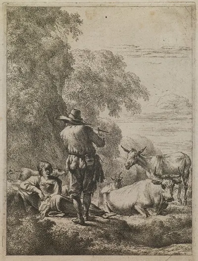 The Shepherd Playing the Flute by Николаес Питерсз. Берхем, 1648 — digital art print download
