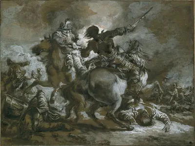 Cavalry Skirmish with a Fallen Drummer at Left by Francesco Giuseppe Casanova, 1763 — digital art print download