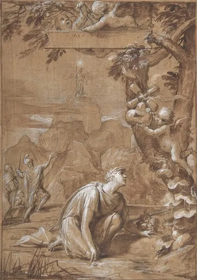 Allegorical Composition with a Young Man Kneeling before a Tree by Giovanni Angelo Canini — digital art print download