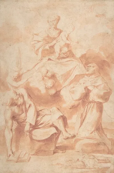The Virgin and Child Appearing to Saint Anthony of Padua and a Hermit by Giovanni Angelo Canini — digital art print download