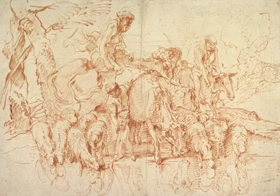 Pastoral Journey with Flocks and Herds at a Stream by Джованни Бенедетто Кастильоне — digital art print download