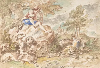 Young Hunter with His Dogs in a Landscape by Giovanni Francesco Castiglione, 1641–1710 — digital art print download
