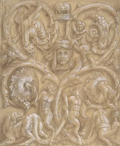 Design for an Ornamental Panel with Rinceaux, Satyrs, Putti, Monsters and a Human Head by Джулио Кампи — digital art print…