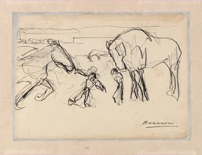 Horses and Figures in a Landscape by Умберто Боккьони, 1910 — digital art print download