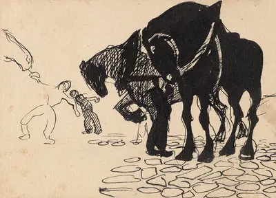 Three Horses Tended by Men by Умберто Боккьони, 1910 — digital art print download
