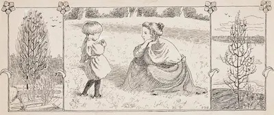mother and small child in a meadow, next to wooden subjects by Венни Солдан-Брофельдт — digital art print download