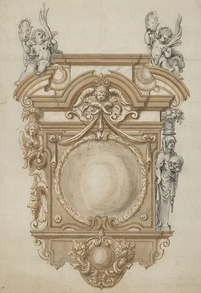 Design for an Epitaph with a Variant, flanked by Terms and surmounted by statues of Cherubs by Абрахам ван Дипенбек —…