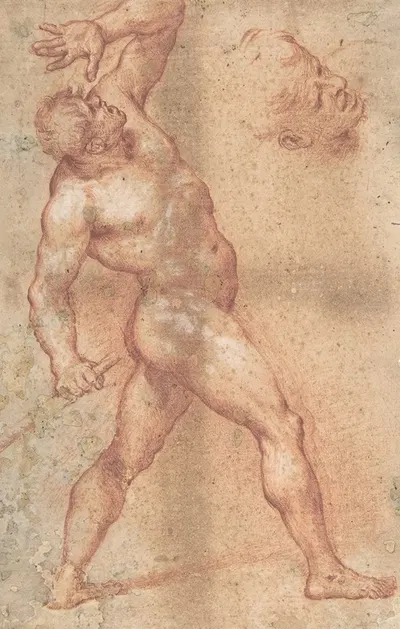 Male Nude with Left Arm Upraised, and a Further Study of His Head by Аниелло Фалконе — digital art print download