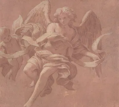 Putto and Angel Holding a Banderole by Antonio Franchi, 1706 — digital art print download