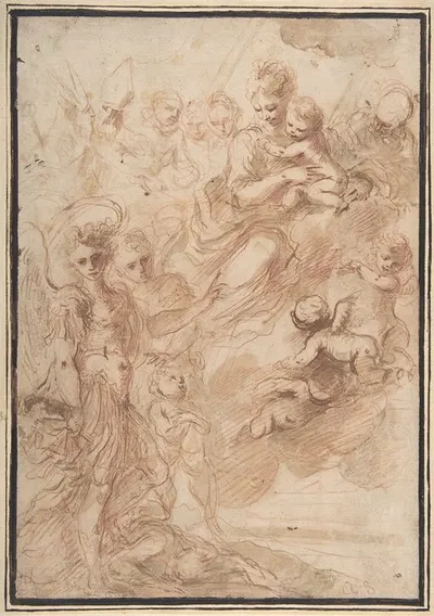 Saint Michael the Archangel and Another Figure Recommending a Soul to the Virgin and Child in Heaven by Bartolomeo Biscaino…
