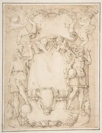 Drawing of Cartouche with Bearded Man Left, Young man crowned with Laurels Right, and Four Putti by Battista Franco,…