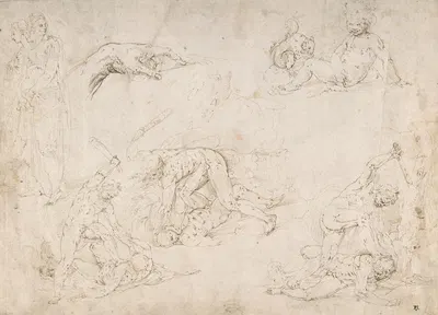 Figure Studies; Three Sketches of Cain Killing Abel, with an Altar of Sacrifice at Center, Two Standing Women, a Hand, and…