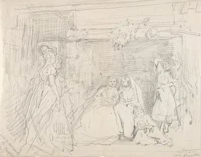 Interior with Figures before a Fireplace by Шарль Боньё, 1871 — digital art print download