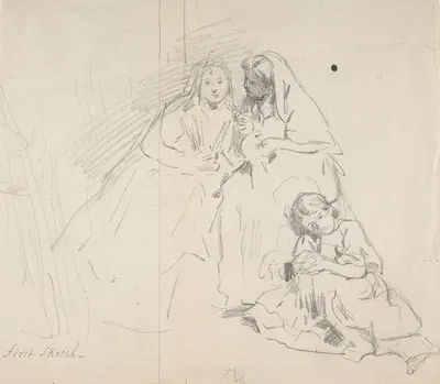 Sketch of Two Seated Women with Young Girl Sitting at Their Feet by Шарль Боньё — digital art print download