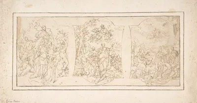 Drawing for Ceiling Decoration Consisting of Three Panels Each Showing a Different Scene with Figures by Ciro Ferri —…
