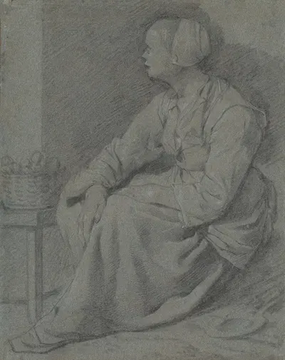 A Woman Seated Near a Basket on a Stool by Cornelis Pietersz. Bega — digital art print download