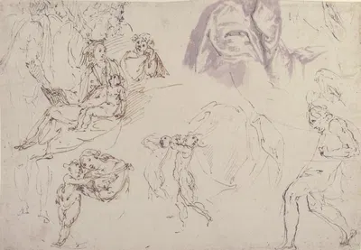 Figure Studies; The Holy Family, a Running or Dancing Child, Drapery Studies by Francesco Curia, 1565–1608 — digital art…