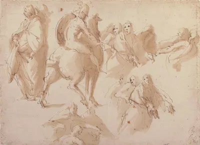 Figure Studies; Warrior on Horseback, and Groups of Standing Female Figures by Francesco Curia, 1565–1608 — digital art…