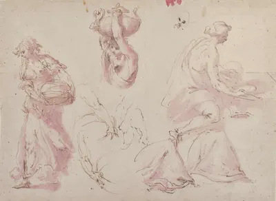 Figure Studies; Woman Carrying a Basket; Woman Carrying a Vase, and Woman Seated at a Table by Francesco Curia, 1565–1608 —…