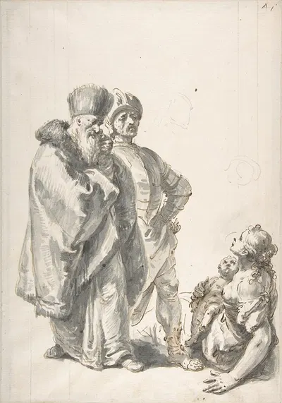 Two Standing Male Figures and Seated Woman with a Child by Франческо Фонтебассо — digital art print download