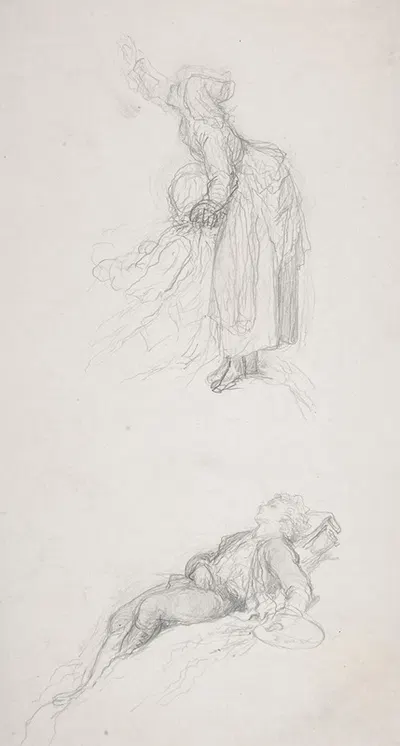 Study of a standing woman with a sitting man; study of a resting artist by François-Claudius Compte-Calix — digital art…