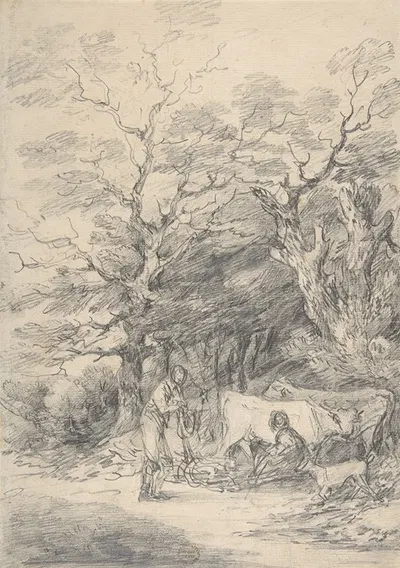 Landscape with cattle and figures; sketch for the Rustic Courtship by Гейнсборо Дюпон — digital art print download