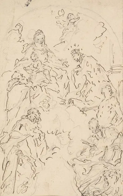 The Virgin and Child Enthroned on a Cloud, with Saints Dominic, John Nepomuk, Sebastian, Mark, and Anthony Abbot by Gaspare…