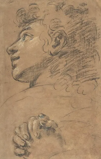 Profile Head of a Youth Looking to Upper Left, and Study of Clasped Hands by Giacomo Cavedone, 1577–1660 — digital art…